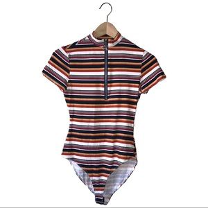 stripped colorful body suit with zipper at neck